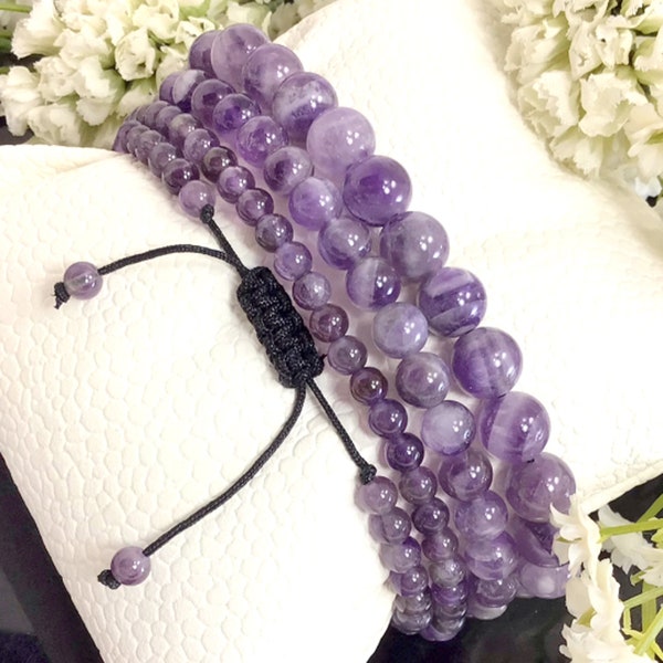 Natural Macrame Purple Amethyst Bracelet, High Quality Adjustable Handmade Round Beads Bracelet For Women 4mm 6mm 8mm Summer Jewelry