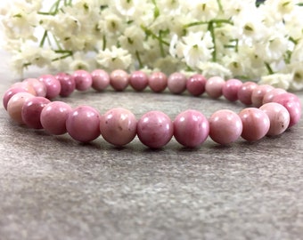 6mm Pink Rhodonite Bracelet - Handmade Gemstone Bead Jewelry