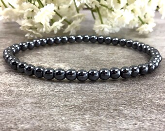 4mm Hematite Bracelet, Balance Meditation Bracelet, Root Chakra Bracelet, Stretchy Bracelet for Men and Women, Gift for Him