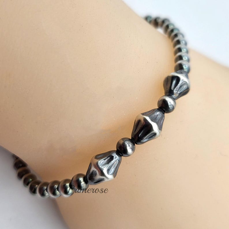 Oxidized 925 Sterling Silver Pearl Beaded Bracelet 4mm Round & Bicone Beads Custom Made USA image 5
