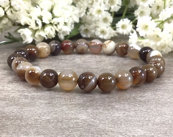 Brown Stripe Agate Beaded Bracelet Handmade Stretch 8mm Healing Protection Calming Balancing Gemstone For Women And Men