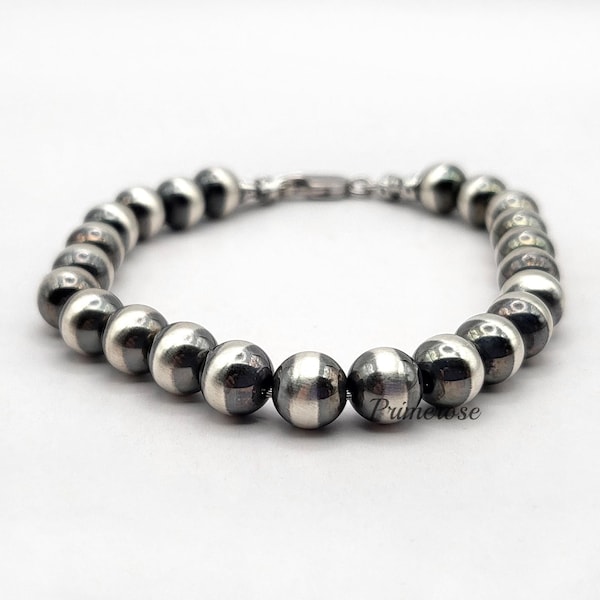 Handmade Oxidized Desert Pearl Bracelet – 7mm .925 Sterling Silver Beads, Custom Stackable Jewelry, USA Made Lobster Claw Clasp