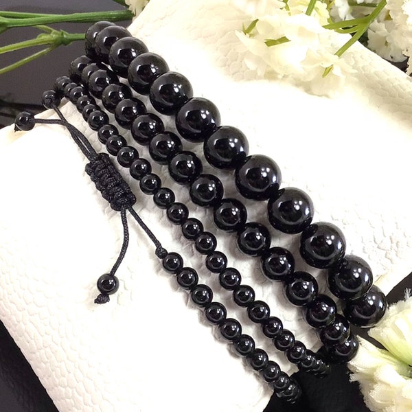 Macrame Natural Onyx Bracelet, Adjustable Black Bracelet Healing Gemstone Crystal Macrame Bracelets Energy Yoga 4mm 6mm 8mm