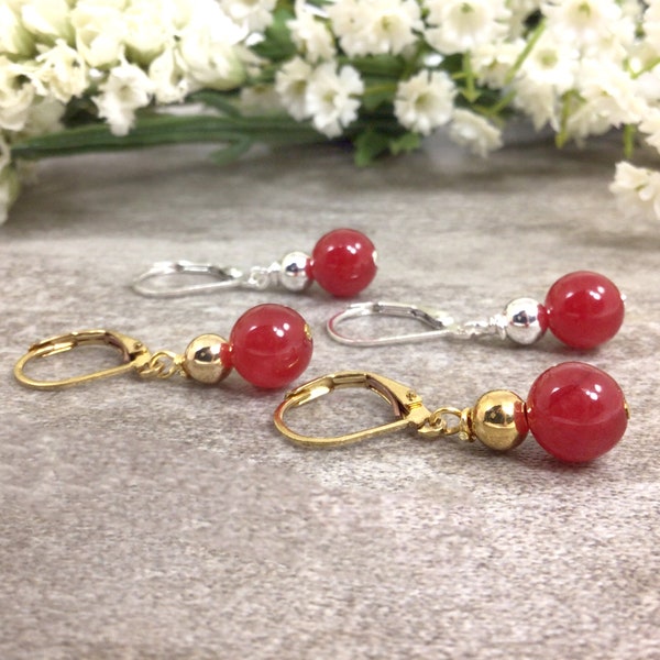Red Jade Leverback Wire Wrapped Earrings Sterling Silver or 14k Gold filled Healing Stone Dangle Birthday Gift Mom Gift