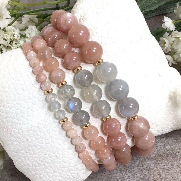 Natural Peach Moonstone Labradorite Beaded Bracelet Handmade Healing Crystals Anxiet Protection Reikei Stretchy Bracelet 4mm 6mm 8mm 10mm