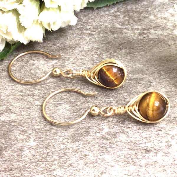 Tigereye Wire Wrapped Earrings Tiger's Eye Sterling Silver or 14k Gold filled Healing Stone Dangle Birthday Gift For Her