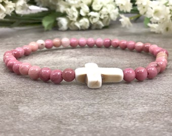 Pink Rhodonite Beaded Bracelet with Cross Handmade Healing Bracelet