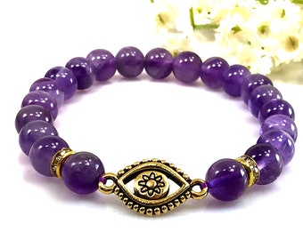 Purple Amethyst Bracelet with evil eye,February birthstone gift for her,Boho Healing anxiety relief protection balancing calming gift