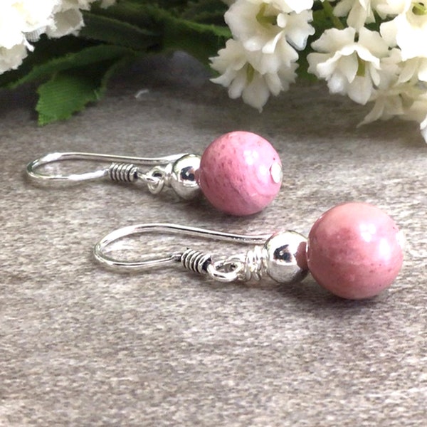 Natural Pink Rhodonite Earrings Sterling Silver 14k Gold filled Healing Stone Dangle Birthday Holiday Mom Gift