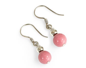Pink Rhodonite Crystal Earrings, Sterling Silver Dangle, Handmade