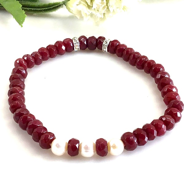 Red Faceted Ruby Jade Slim Bracelet Pearl Pendant Anxiety Relief Spiritual Healing Balancing Calming Protection Bracelet For Women