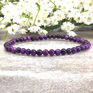 4mm Purple Tigers Eye Bracelet, Tigereye Bracelet, Stretchy String Bracelet, Anxiety Relief Healing Protection Balancing Bracelet Women