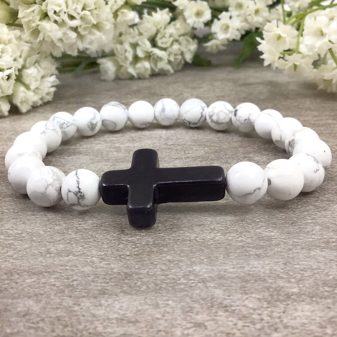 White Howlite Beaded Bracelet With Black Cross Pendant, Handmade - Etsy