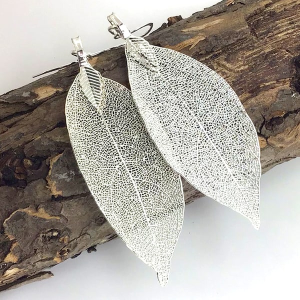 Genuine Leaf Earrings Real Leaf Earrings Dipped Leaves Jewelry Silver Leaf Earrings, Drop Dangle Earrings, Wedding Earrings, Bridal gift