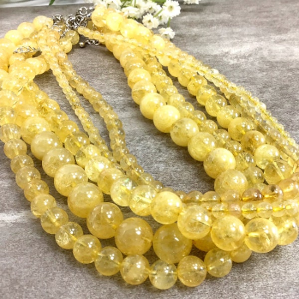 Natural Yellow Citrine Necklace, Premium Handmade Round Beads Crystals Necklace 4mm 6mm 8mm 10mm 12mm Holiday Gift For Women