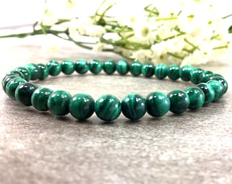 6mm Malachite Beaded Bracelet, Natural Green Gemstone Stretch Bracelet