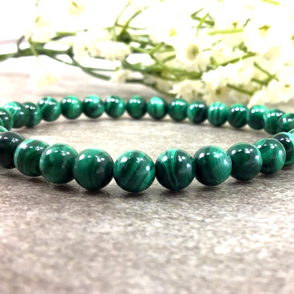 Malachite Bracelet: 6mm Round Green Gemstone, 7 Inch