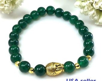Green Jade Beaded Bracelet, Gold Buddha Pendant, Spiritual Jewelry