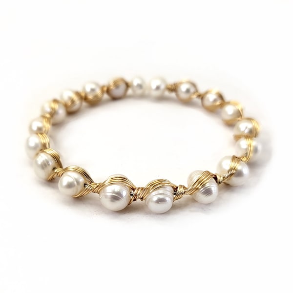 Freshwater Pearl Bracelet Wire Wrapped Adjustable Bangle Cuff Gold Color Brass Wire Wedding Jewelry Bridal Bracelet Bridesmaid Gift