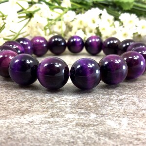12mm Purple Tigers Eye Bracelet, Tigereye Bracelet, Stretchy String Bracelet, Anxiety relief healing protection balancing bracelet women