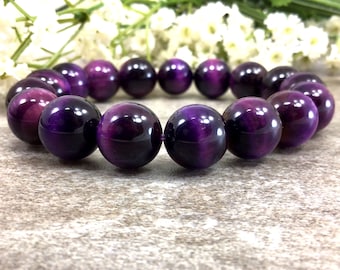 12mm Purple Tiger's Eye Bracelet, Healing Gemstone, Stretchy Bracelet