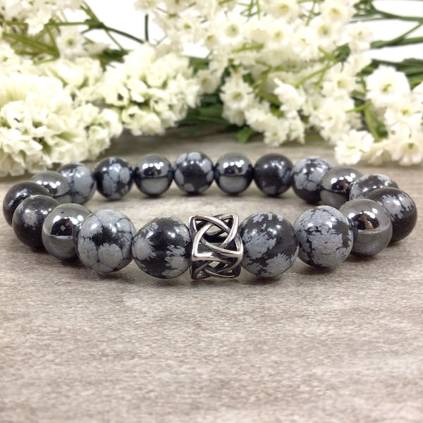 Snowflake Obsidian & Hematite Bracelet Stainless Steel Finding Healing Protection