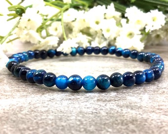 4mm Turquoise Blue Tigers Eye Bracelet, TigerEye Stretchy String Bracelet, Anxiety Relief Healing Protection Balancing Bracelet Women