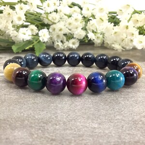 Multicolor Tigers Eye Beaded Bracelet Handmade 10mm Tiger&#39;s Eye Stretch String Bracelet Anxiety Relief Healing Protection Balancing Bracelet