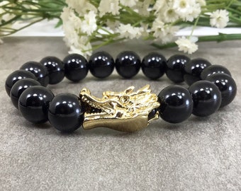 Black Onyx Beaded Bracelet With Dragon Pendant Stretchy Bracelet Anxiety Relief Healing Protection Spiritual Calming Power 8mm10mm12mm