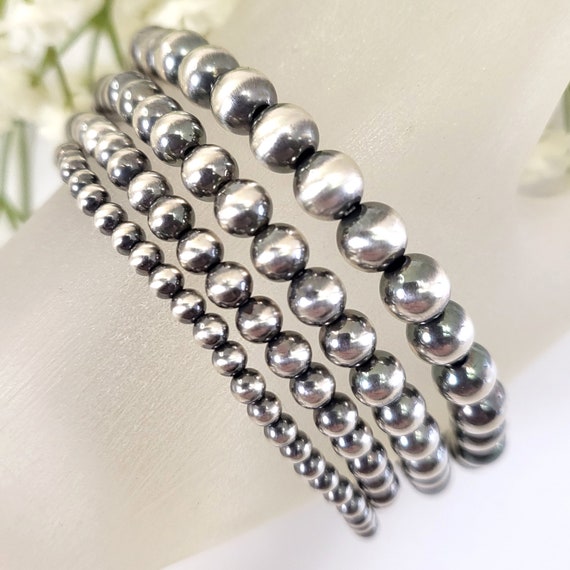 Bead Stretch Bracelet 4mm Sterling Silver Beads - Made in the USA Bead Stretch Bracelet 4mm Sterling Silver Beads - Made in the USA