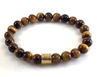 8mm Tigers Eye Bracelet, Gold Accent, Spirituality Jewelry