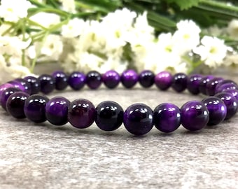 Purple Tiger's Eye Beaded Bracelet, 6mm, Anxiety Relief