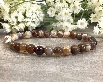 Brown Stripe Agate Beaded Bracelet Handmade Stretch 6mm Healing Protection Calming Balancing Gemstone For Women And Men