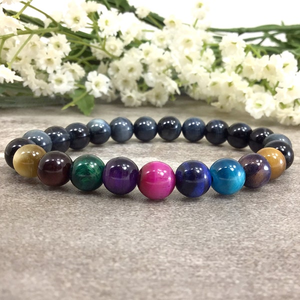 8mm Multicolor Tigers Eye TigerEye Bracelet, Stretchy String Bracelet, Anxiety Relief Healing Protection Balancing Bracelet