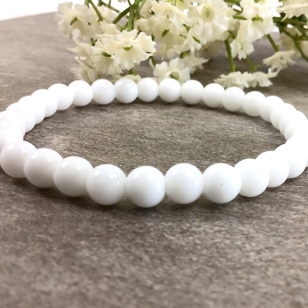 6mm White Marble Beaded Bracelet, Marble Jewelry, Anxiety Relief Healing Balancing Protection Stretchy Bracelet For Women