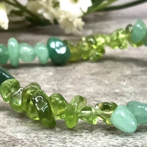 Aventurine & Peridot Bracelet,Jade Chips Green Peridot,Gemstone Bracelet, Healing Bracelet, Stretchy String Bracelet,Women Men Bracelet