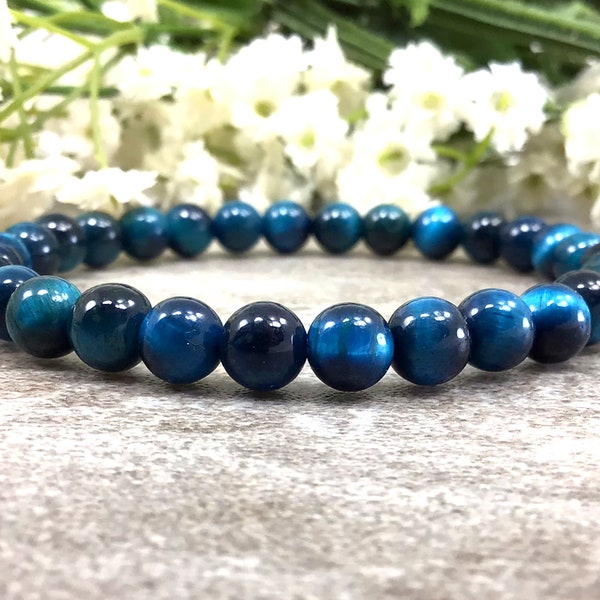 6mm Turquoise Blue Tigers Eye Bracelet,  TigerEye Stretchy String Bracelet, Anxiety Relief Healing Protection Balancing Bracelet Women