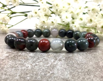8mm Natural African Bloodstone Bracelet, Stretchy Beaded Bracelet, Healing anxiety relief balancing protection gemstone for women and men