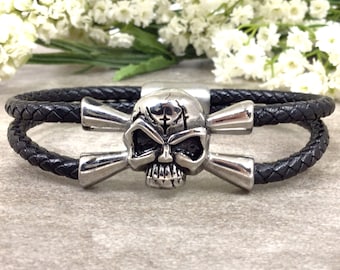 Stainless Steel Skull Braided Leather Bracelet Gothic Biker Jewelry