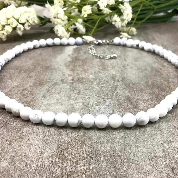 6mm White Howlite Beaded Necklace, Healing Protection Balancing Gemstone Necklace Gift for Women, Christmas Gift