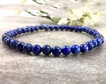 4mm Natural Blue Lapis Bracelet, Crystal Jewelry, Healing anxiety relief balancing calming stretchy bracelet for women and men