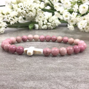 Pink Rhodonite Beaded Bracelet With Howlite Cross Pendant Healing Protection Meditation Christening 6mm Stretch Bracelet Gift
