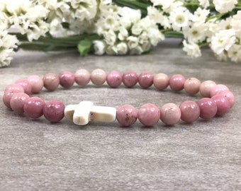 Pink Rhodonite Beaded Bracelet with Howlite Cross Pendant 6mm