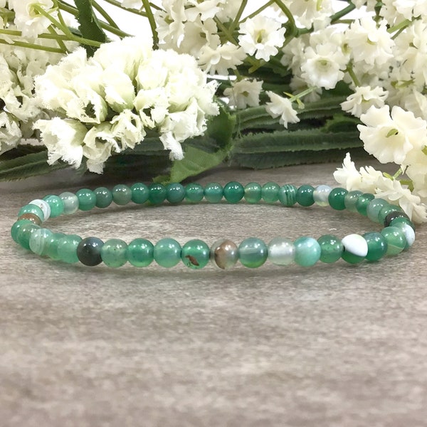 Green Agate Beaded Bracelet Handmade 4mm Healing Balancing Stretchy Gemstone Jewelry Holiday Gift For Women And Men