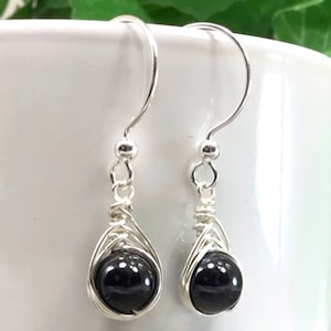 Natural Black Onyx Wire Wrapped Earrings Sterling Silver 14k Gold Filled Healing Stone Dangle Handmade Birthday Gift Mom Gift
