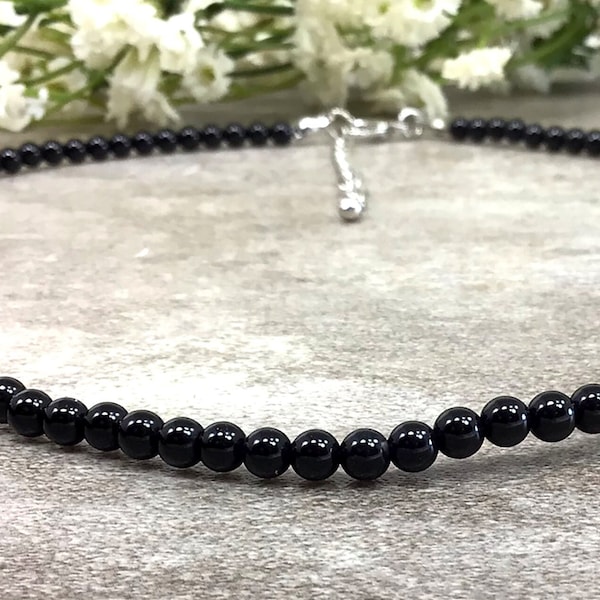 Natural Black Onyx Beaded Necklace 4mm Gemstone Necklace Mens Jewelry Anxiety Relief Healing Protection Calming Balance Gift For Men
