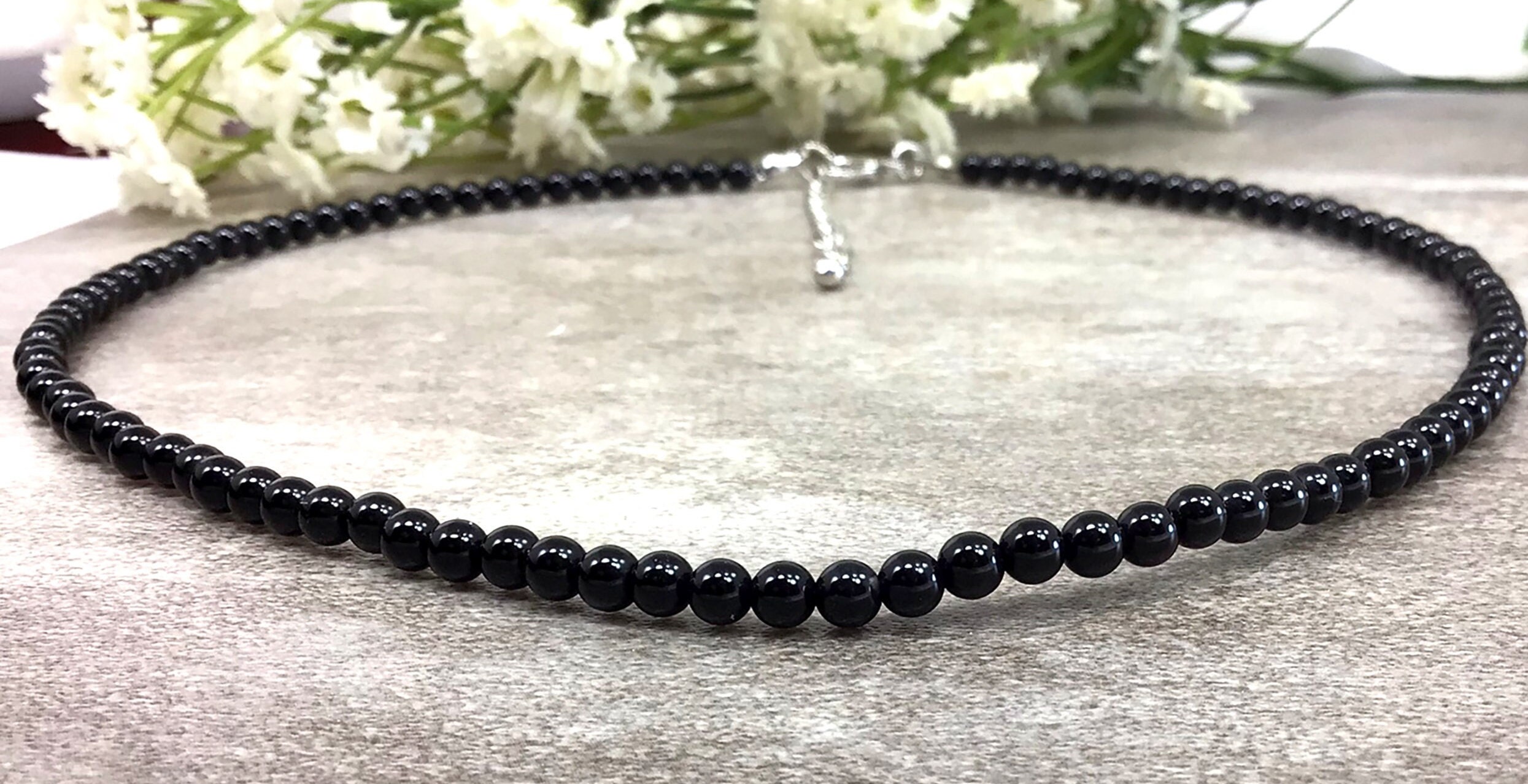 Natural Black Onyx Beaded Necklace 4mm Gemstone Necklace