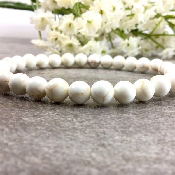 6mm White Magnesite Turquoise bracelet, Healing anxiety relief protection calming stretchy gemstone Beaded bracelet for women Men