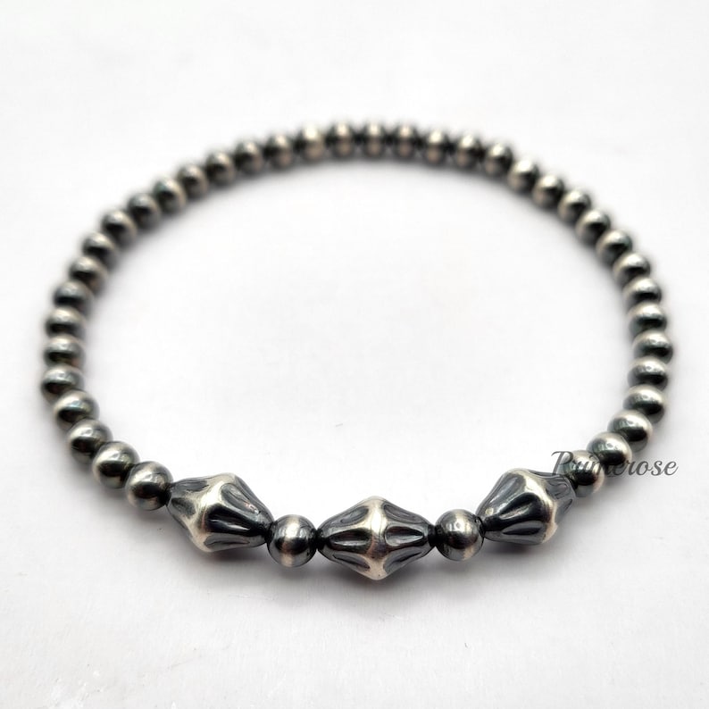 Oxidized 925 Sterling Silver Pearl Beaded Bracelet 4mm Round & Bicone Beads Custom Made USA image 2