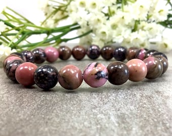 Handmade 8mm Rhodonite Beaded Bracelet: Pink Black Calming